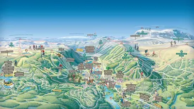 a map of a theme park with people and mountains at Mailatunet - Vestlia resort in Geilo