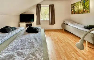 a living room with two beds and a flat screen tv at Cozy Apartment In Uggdal With Wifi in Uggdal