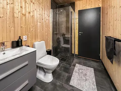 a bathroom with a toilet and a shower and a sink at Ski-in-out hytte på Kvitfjell in Strande