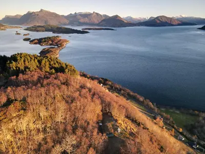 an aerial view of a large body of water at Bregnehytte in Leikanger