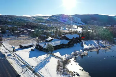 an aerial view of a resort in the snow at Stay in the heart of Geilo, walk to everything in Geilo