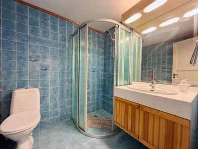 a bathroom with a toilet and a sink and a shower at Stay in the heart of Geilo, walk to everything in Geilo