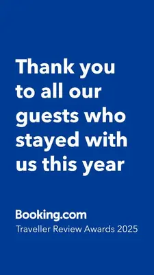 a blue background with the words thank you to all our guests who stayed with us at Cozy and warm just like at home, Free P, Big terrace in Langevåg