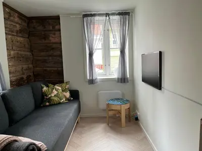 a living room with a couch and a window at Entire renovated apartment from 1780 with Kitchen, Bath, Bedroom, and Living Room in Skuteviken in Bergen