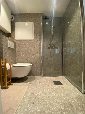 a bathroom with a shower and a tub and a sink at Entire renovated apartment from 1780 with Kitchen, Bath, Bedroom, and Living Room in Skuteviken in Bergen