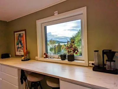 a window in a kitchen with a counter and flowers in it at Nyoppusset hus med utsikt. in Steinkjer