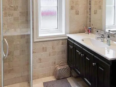 a bathroom with a sink and a shower at 6 person holiday home in Gursken-By Traum in Larsnes