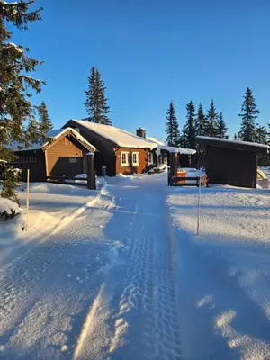 a snow covered yard with footprints in the snow at Hytte i Ringsaker (Ljøsheim/Sjusjøen) in Ringsaker