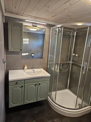a bathroom with a sink and a shower at Hytte i Ringsaker (Ljøsheim/Sjusjøen) in Ringsaker