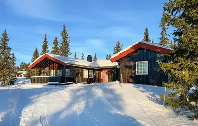a log cabin in the snow with snow at Stunning Home In Sjusjøen With Sauna in Sjusjøen