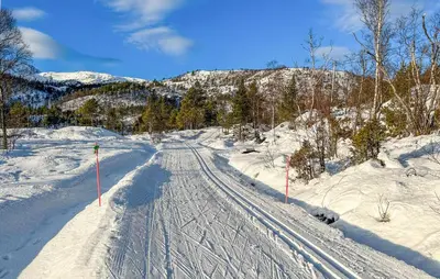 a road covered in snow with trees and mountains at 3 Bedroom Nice Home In Vøringsfoss in Maurset