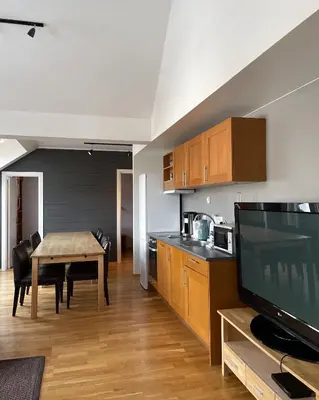 a kitchen and dining room with a table and a television at Hovdestøylen Apartments in Hovden