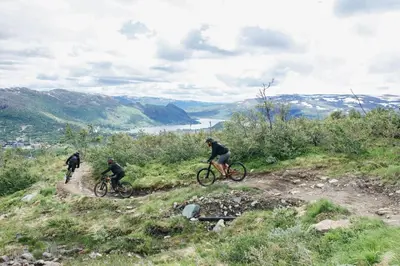 three people riding bikes on a dirt trail on a hill at Hovdestøylen Apartments in Hovden