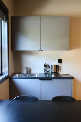 a kitchen with a sink and a counter top at Flåmsbrygga Apartments in Flåm