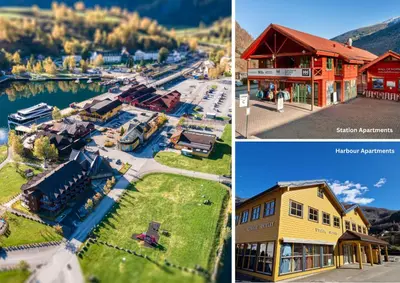 a collage of three pictures of a train station at Flåmsbrygga Apartments in Flåm