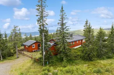 an aerial view of a house in the woods at Cozy and comfortable cabin in the center of Sjusjøen with a large terrace in Ringsaker