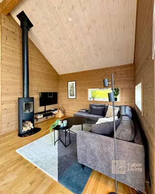 a living room with a couch and a fireplace at Cozy cabin on Sjusjølia by the trail network sauna in Ringsaker