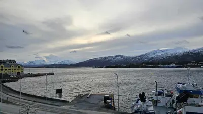 a large body of water with snow covered mountains at West Coast Apartments Aalesund in Ålesund