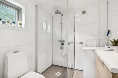 a white bathroom with a shower and a toilet at Jordeplegarden holiday home - Part of a farm - Two buildings - Close to Flåm in Lærdalsøyri
