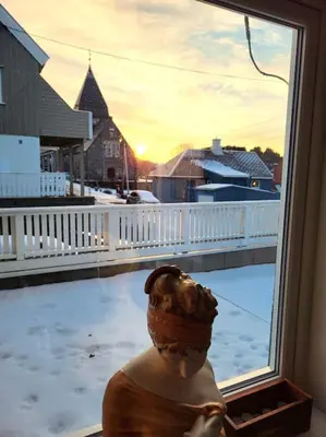 a statue of a woman looking out of a window at Ksu Nordlandet leiligheten in Kristiansund