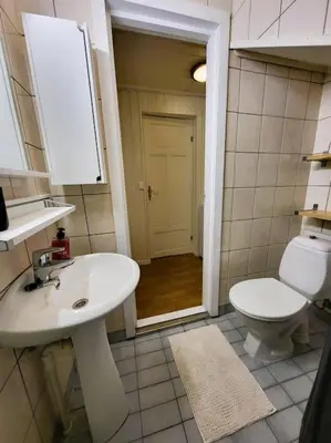 a bathroom with a white sink and a toilet at Ksu Nordlandet leiligheten in Kristiansund