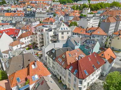 an aerial view of a city with buildings at Renovated jan 24 - Queen beds - Behind Bryggen in Bergen