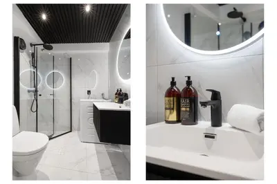 two pictures of a bathroom with a toilet and a shower at Renovated jan 24 - Queen beds - Behind Bryggen in Bergen