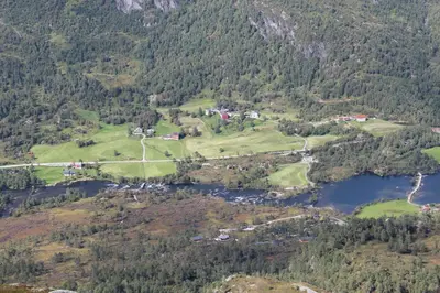 an aerial view of a valley with a lake at Flatheim in Viksdalen