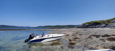 a boat sitting in the water on a beach at Strandstua Solbakken Feriehus in Fevåg