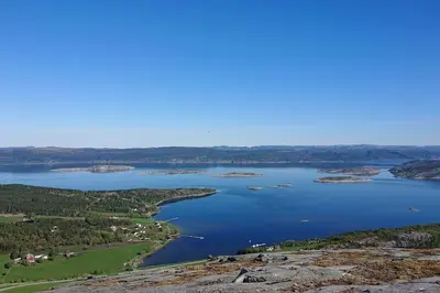 an aerial view of a large body of water at Apartment Solbakken Feriehus in Fevåg
