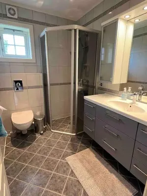 a bathroom with a shower and a toilet and a sink at Stue, soverom og bad in Åmot
