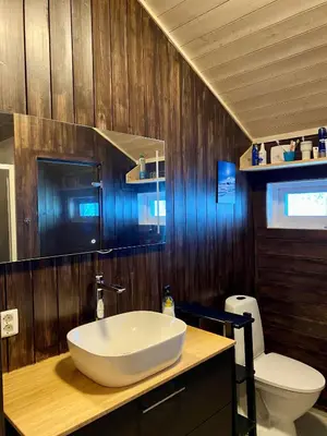 a bathroom with a sink and a toilet at Hito - cabin between Flå and Eggedal in Flå