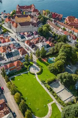 an aerial view of a city with a park at Fresh studio apartment, a short walk from Bryggen in Bergen