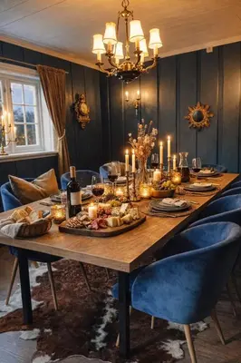 a long wooden table with food and candles on it at Smie på sjarmerende og historisk gård in Baukål
