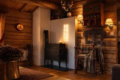 a room with a stove and a chair in a cabin at Sjarmerende tømmerhytte på gårdstun in Baukål