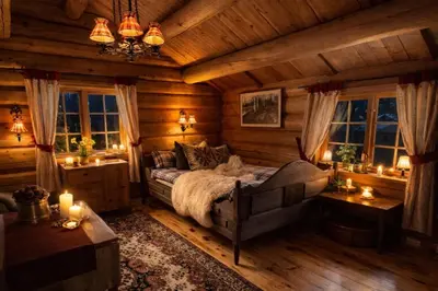 a bedroom with a bed in a log cabin at Sjarmerende tømmerhytte på gårdstun in Baukål