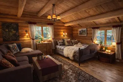 a bedroom with a bed and a couch in a room at Sjarmerende tømmerhytte på gårdstun in Baukål