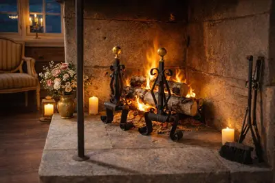 a fireplace with candles in a room at Eventyrlig Tømmerhytte på Gårdstun in Vinstra