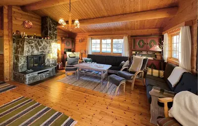 a living room with a couch and a fireplace at Awesome Home In Venabygd With Sauna in Venabygd
