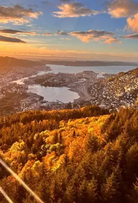 a view of a city and a lake from a mountain at Spacious and Beautiful Apartment in Bergen with free parking in Bergen