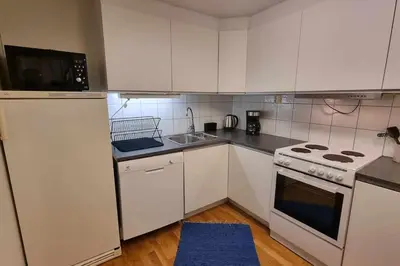 a kitchen with white cabinets and a stove and a sink at Leilighet på Bekkeli, Beito. in Beitostøl