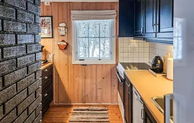 a kitchen with blue cabinets and a brick wall at 3 Bedroom Stunning Home In Uvdal in Uvdal