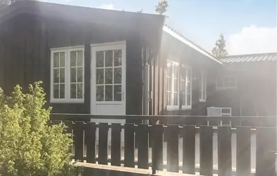 a black house with a white door and a fence at 3 Bedroom Stunning Home In Uvdal in Uvdal
