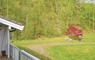 a person standing in a yard next to a tree at Holiday Home Sandeid Ilsvåg in Sandeid