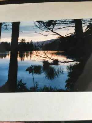 a view of a lake with trees and a sunset at Rønlund Hyttepark, Midgard in Ron