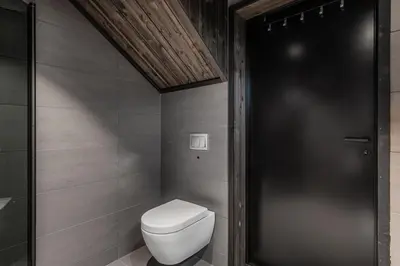a bathroom with a toilet and a black door at Kikut Alpin Lodge 2302 in Geilo