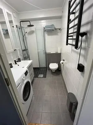 a bathroom with a toilet sink and a washing machine at Rett ved Raudalen Alpinanlegg in Beitostøl