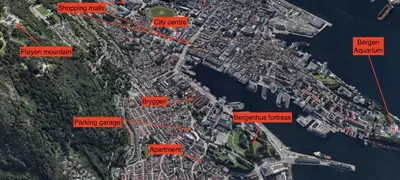 a map of a city with red arrows at King bed - Renovated 2024 - 2BR Behind Bryggen in Bergen
