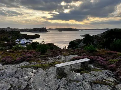 a bench sitting on top of a cliff overlooking the water at Fjord-View Retreat with Free Parking and Fast Internet in Nese
