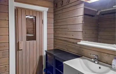 a bathroom with a sink and a wooden wall at Gorgeous Home In Uvdal With Wifi in Uvdal